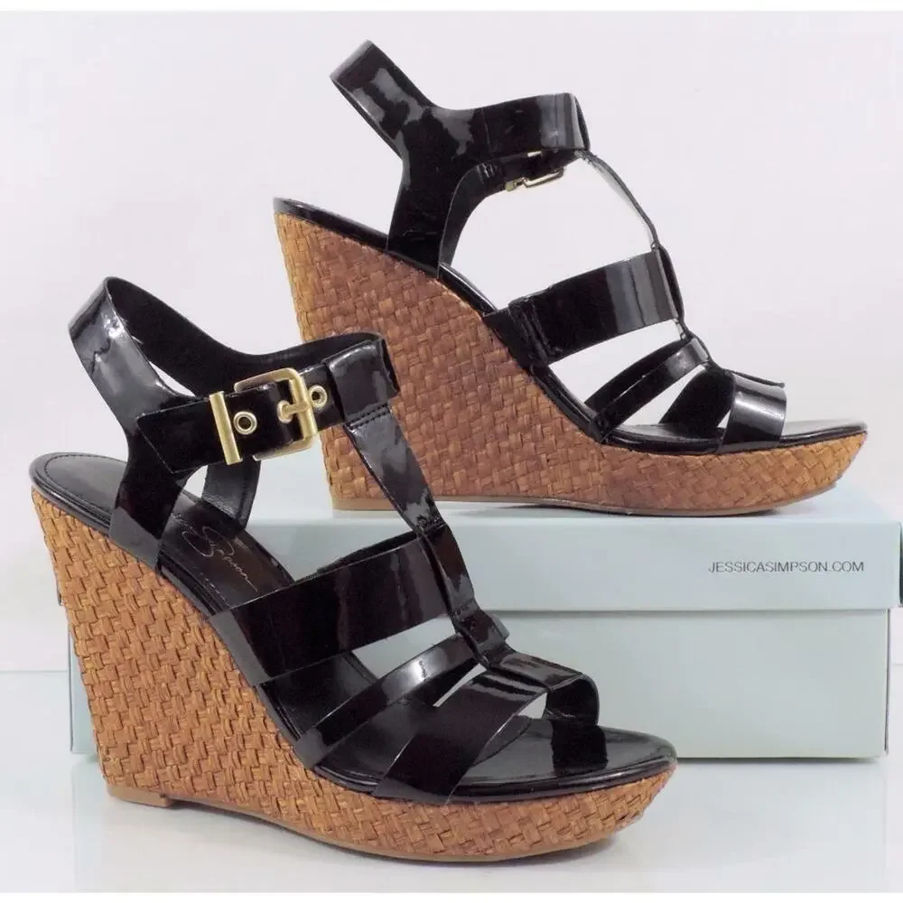 Jessica Simpson Casie 2 Platform Wedge Sandal Heels Black Patent Size 10